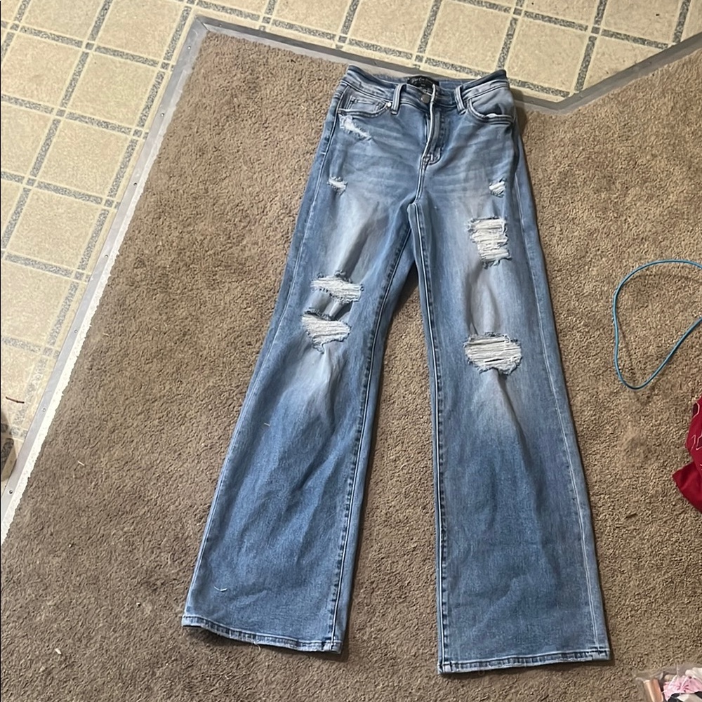 Blue Flare Wide Leg Distressed Jeans